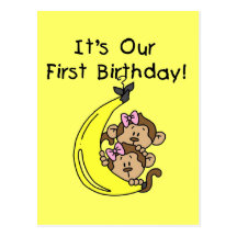 Twin Girls Banana Monkey 1st Birthday Postcards