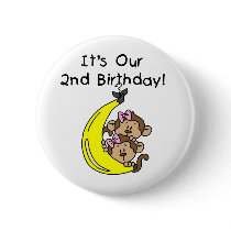Twin Girls Banana Monkeys 2nd Birthday Pinback Button