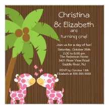 Twin Girls Safari Jungle Giraffe Kid Birthday Custom Invitation