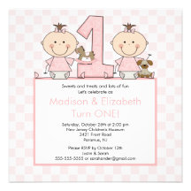 Twin Girls Stick Figure Twins Birthday Invitation