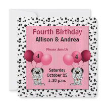 Twins 4th Birthday Party Invitation Pink