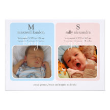 Twins Baby Announcment - Monogram Custom Invite
