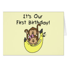Twins - Boy and Girl Monkey 1st Birthday Card