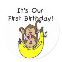 Twins - Boy and Girl Monkey 1st Birthday Sticker