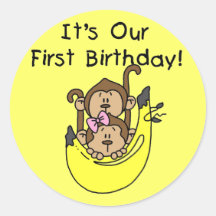 Twins - Boy and Girl Monkey 1st Birthday Round Sticker