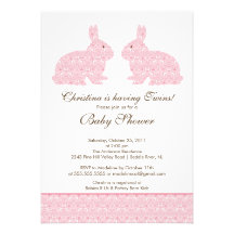 Twins Damask Bunny Baby Shower Invitation Girl