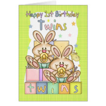Twins First Birthday Card - Two Little Rabbits