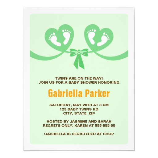Twins green baby shower invitation with footprints
