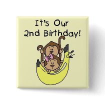 Twins Monkey Boy and Girl 2nd Birthday Pinback Buttons