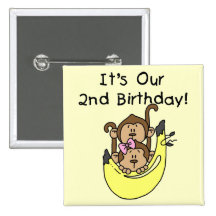 Twins Monkey Boy and Girl 2nd Birthday Pinback Buttons