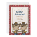 TWINS Twin Boys Western Cowboy Monkey 5x7 Birthday invitations