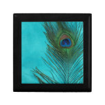 Two Aqua Peacock Feathers Trinket Box
