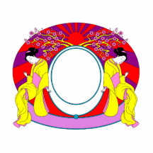 Two asian ladies with sun graphic design colourful cut outs