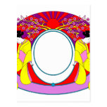 Two asian ladies with sun graphic design colourful postcards