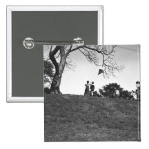 Two boys flying kite on hill B&W Pinback Buttons