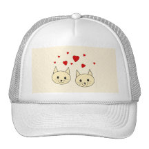 Two Cute Amber Colour Cats with Red Hearts. Mesh Hats