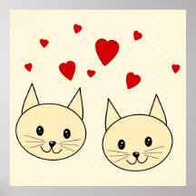Two Cute Amber Colour Cats with Red Hearts. Posters