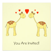 Two Facing Giraffes with Hearts. Cartoon. Custom Invitation