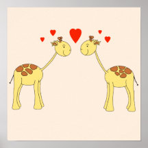 Two Facing Giraffes with Hearts. Cartoon. Posters