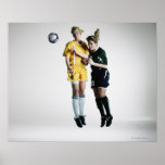 Two female soccer players in mid air heading posters