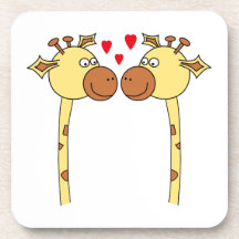 Two Giraffes with Red Love Hearts. Cartoon Drink Coaster