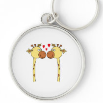 Two Giraffes with Red Love Hearts. Cartoon Keychain