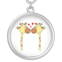Two Giraffes with Red Love Hearts. Cartoon Necklace