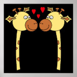 Two Giraffes with Red Love Hearts. Cartoon Poster