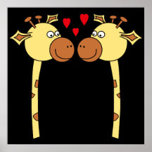 Two Giraffes with Red Love Hearts. Cartoon Poster