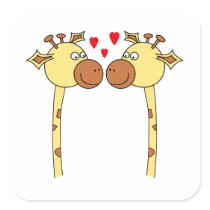 Two Giraffes with Red Love Hearts. Cartoon Square Stickers