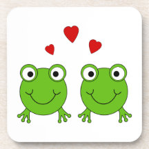 Two green frogs with red hearts. drink coaster