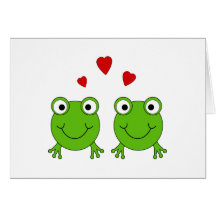 Two green frogs with red hearts. greeting cards