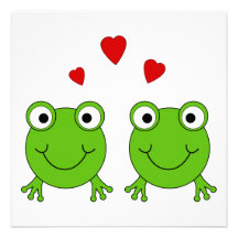 Two green frogs with red hearts. invitation
