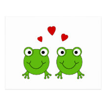 Two green frogs with red hearts. post card