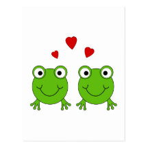 Two green frogs with red hearts. postcard