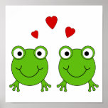 Two green frogs with red hearts. posters