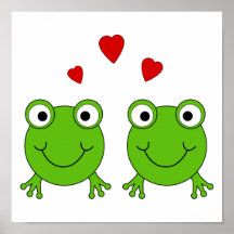 Two green frogs with red hearts. posters