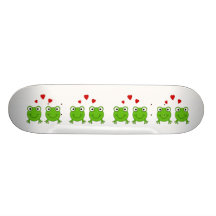 Two green frogs with red hearts. skate board