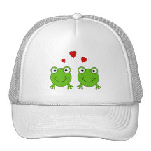 Two green frogs with red hearts. trucker hat