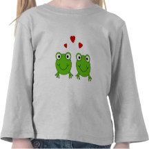 Two green frogs with red hearts. tshirts