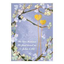 Two Hearts Blue Lyrical Floral Wedding Invitation