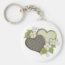 Two hearts with blossoms green keychains
