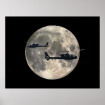 two helicopters silhouetted by a full moon