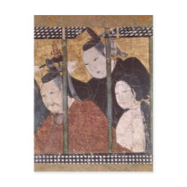 Two men and woman behind awning, detail screen postcards