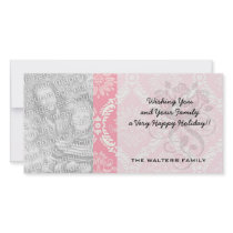 two pink and cream elegant damask personalized photo card