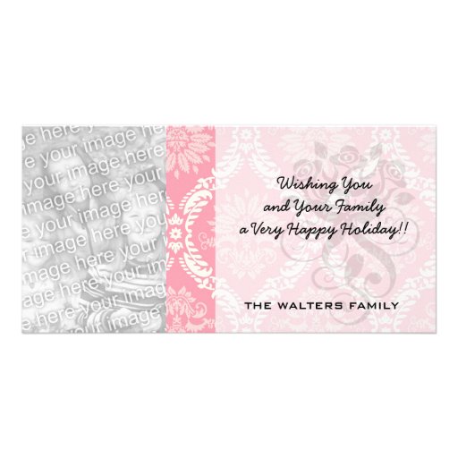 two pink and cream elegant damask personalized photo card