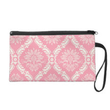 two pink and cream elegant damask wristlet purse