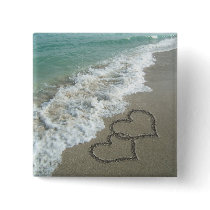 Two Sand Hearts on the Beach, Romantic Ocean Buttons