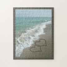 Two Sand Hearts on the Beach, Romantic Ocean Jigsaw Puzzle