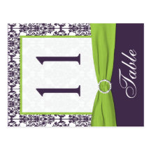Two Sided Lime and Purple Damask Table Number Postcards